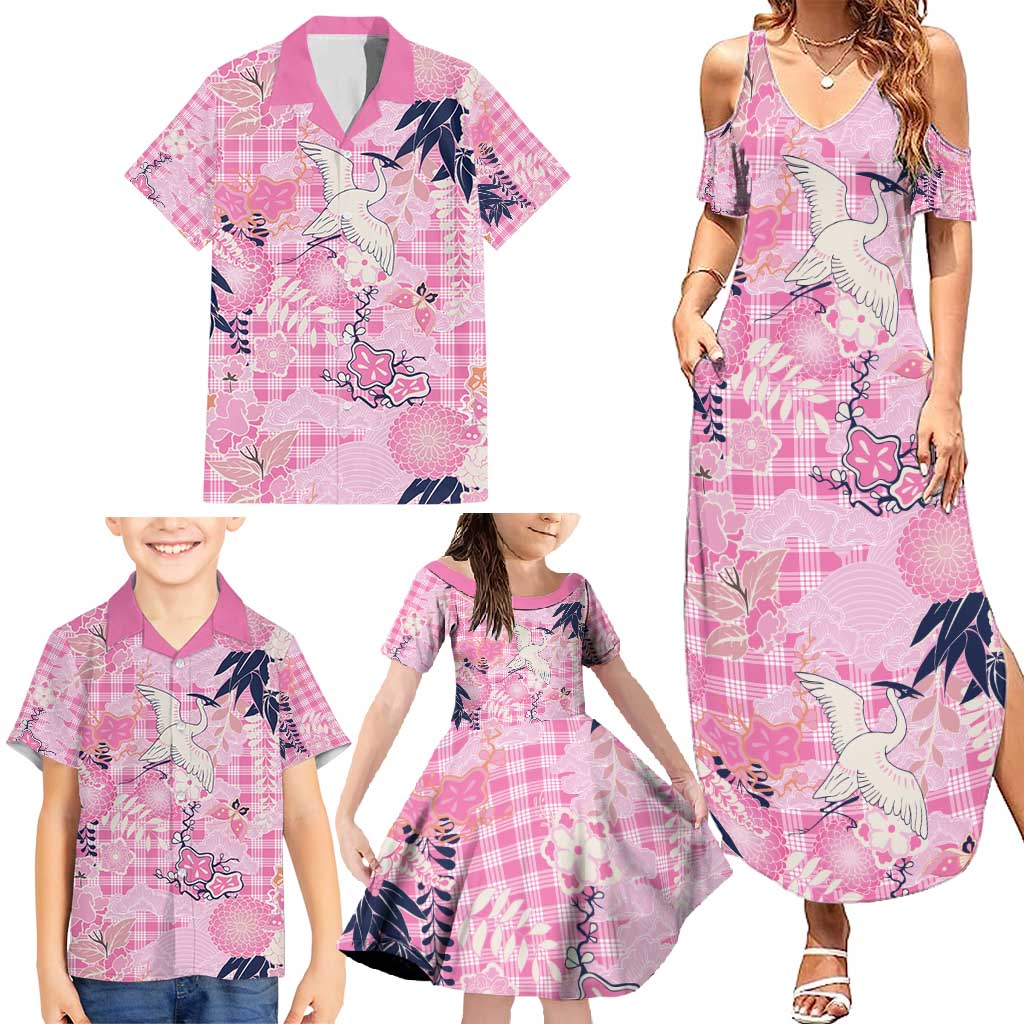 Pink Palaka Crane and Flowers Family Matching Summer Maxi Dress and Hawaiian Shirt Japan Heritage Spirit - Polynesian Pride