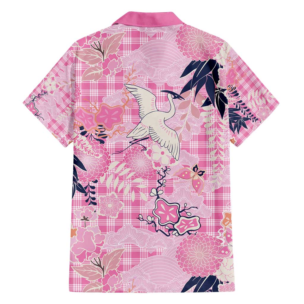 Pink Palaka Crane and Flowers Family Matching Summer Maxi Dress and Hawaiian Shirt Japan Heritage Spirit - Polynesian Pride