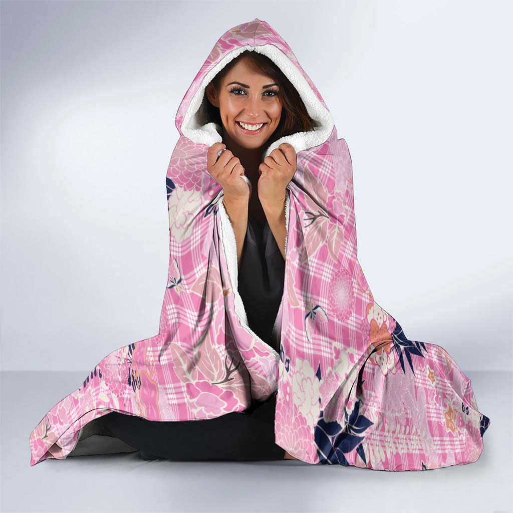 Pink Palaka Crane and Flowers Hooded Blanket Japan Heritage Spirit - Polynesian Pride
