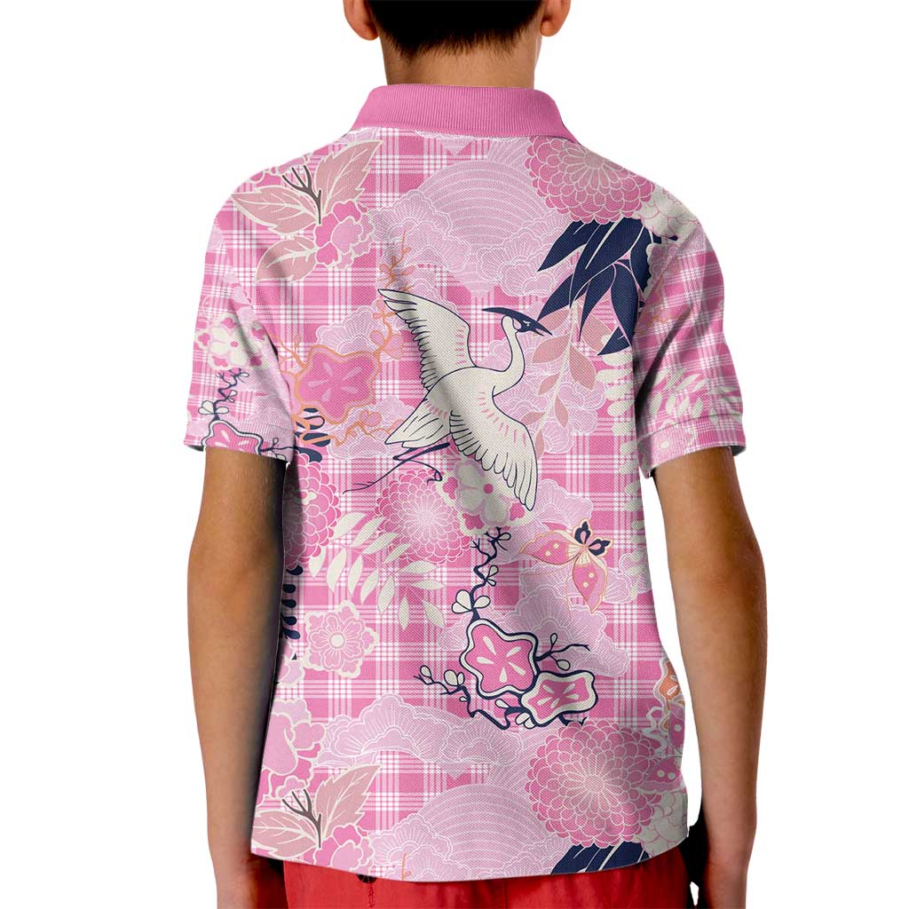 Pink Palaka Crane and Flowers Kid Polo Shirt Japan Heritage Spirit - Polynesian Pride