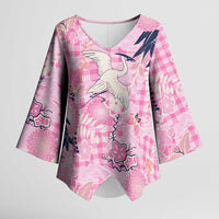 Pink Palaka Crane and Flowers Kimono Sleeve Blouse Japan Heritage Spirit LT9 Female Pink - Polynesian Pride