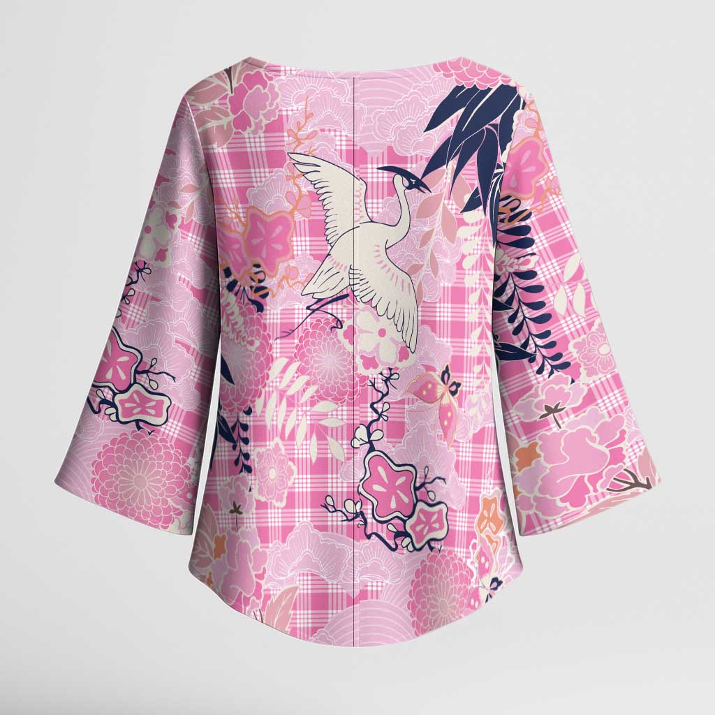Pink Palaka Crane and Flowers Kimono Sleeve Blouse Japan Heritage Spirit LT9 - Polynesian Pride