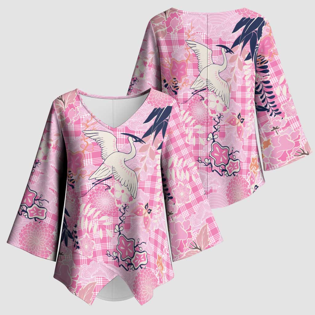 Pink Palaka Crane and Flowers Kimono Sleeve Blouse Japan Heritage Spirit LT9 - Polynesian Pride