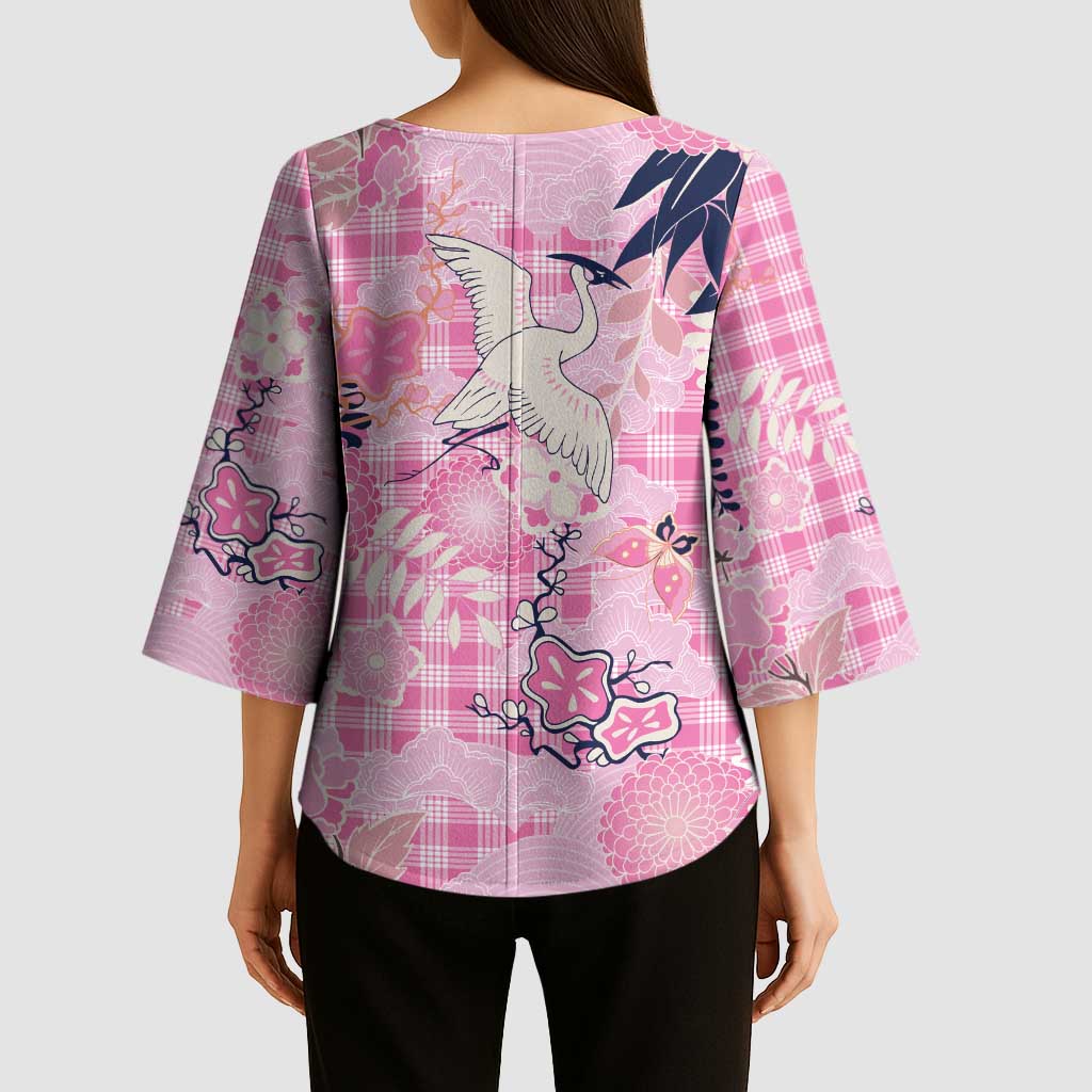 Pink Palaka Crane and Flowers Kimono Sleeve Blouse Japan Heritage Spirit LT9 - Polynesian Pride