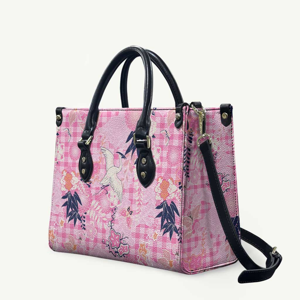 Pink Palaka Crane and Flowers Leather Bag Japan Heritage Spirit - Polynesian Pride