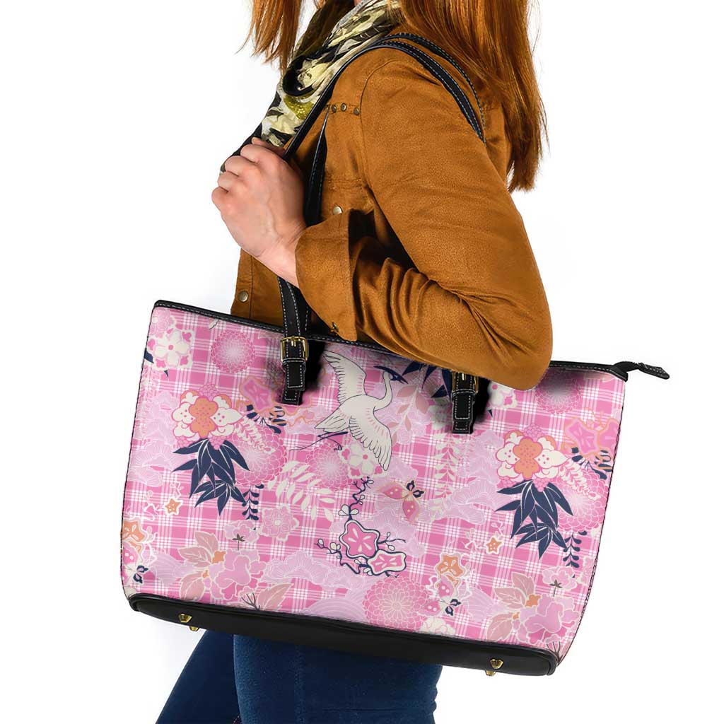 Pink Palaka Crane and Flowers Leather Tote Bag Japan Heritage Spirit - Polynesian Pride