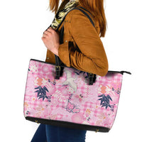 Pink Palaka Crane and Flowers Leather Tote Bag Japan Heritage Spirit - Polynesian Pride