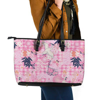 Pink Palaka Crane and Flowers Leather Tote Bag Japan Heritage Spirit - Polynesian Pride