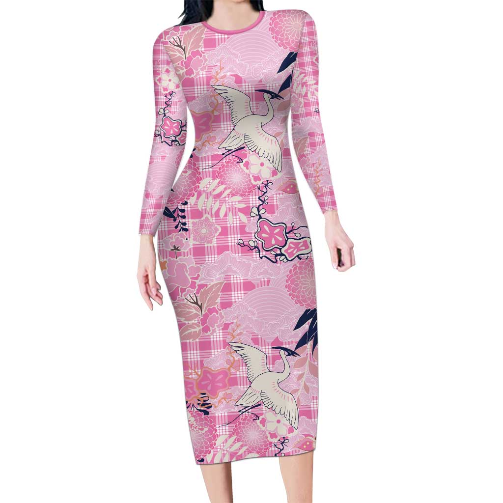 Pink Palaka Crane and Flowers Long Sleeve Bodycon Dress Japan Heritage Spirit - Polynesian Pride