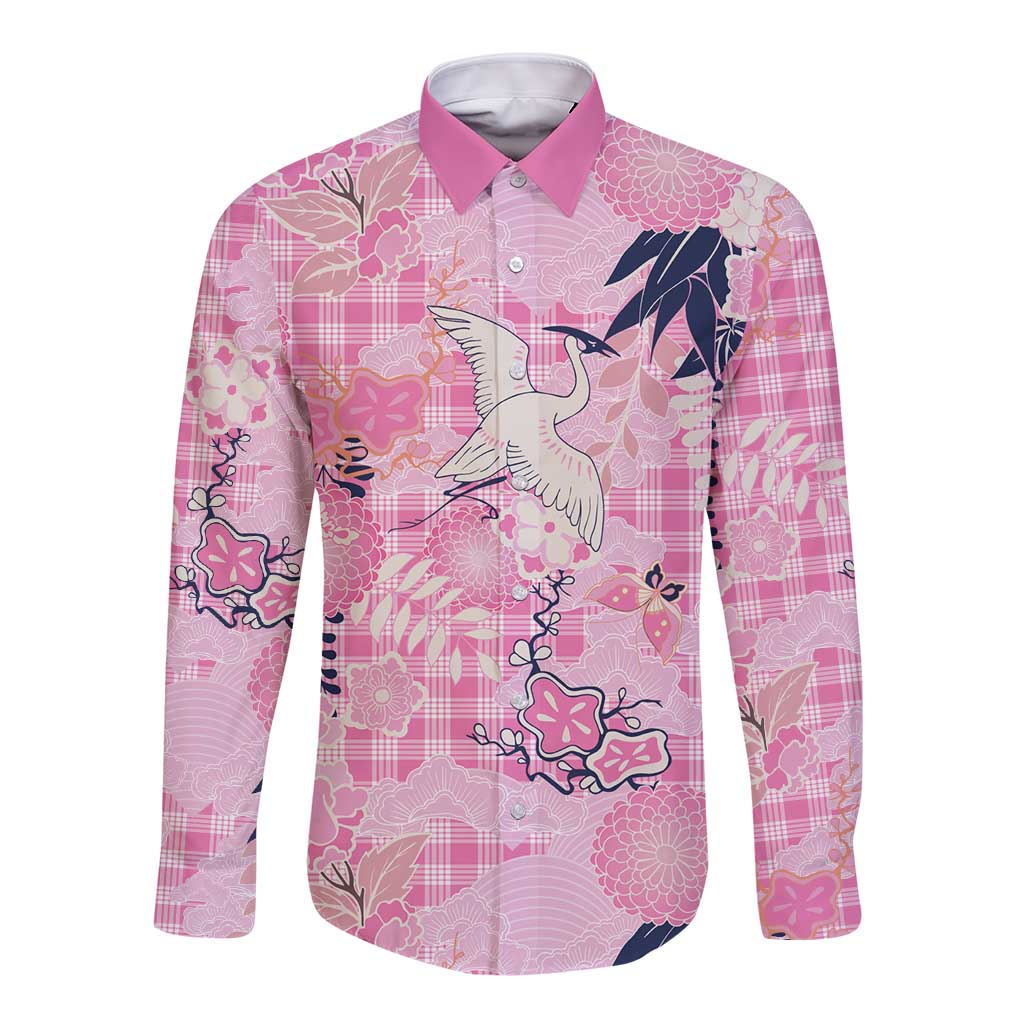 Pink Palaka Crane and Flowers Long Sleeve Button Shirt Japan Heritage Spirit LT9 Unisex Pink - Polynesian Pride