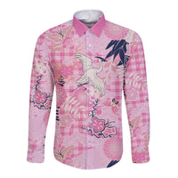 Pink Palaka Crane and Flowers Long Sleeve Button Shirt Japan Heritage Spirit LT9 Unisex Pink - Polynesian Pride