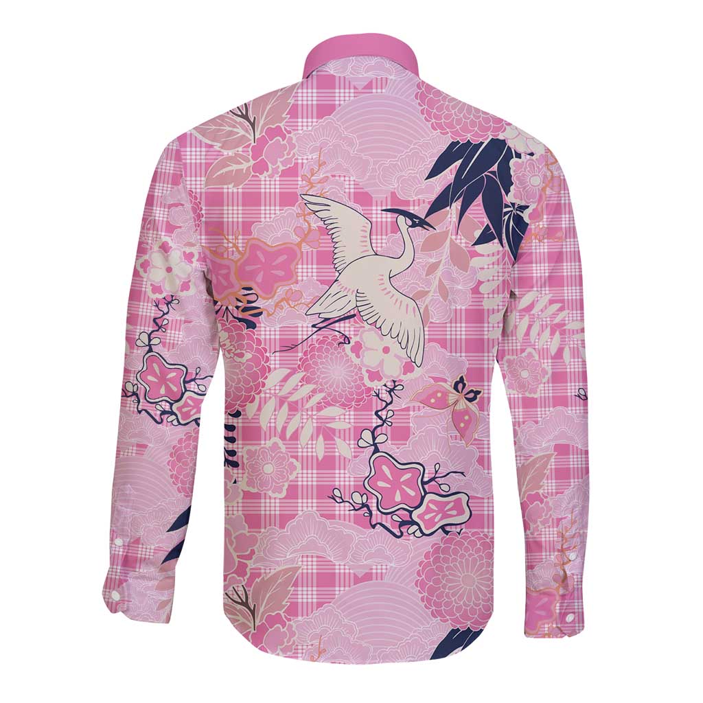 Pink Palaka Crane and Flowers Long Sleeve Button Shirt Japan Heritage Spirit LT9 - Polynesian Pride