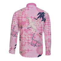Pink Palaka Crane and Flowers Long Sleeve Button Shirt Japan Heritage Spirit LT9 - Polynesian Pride