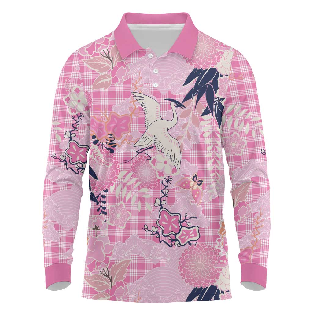 Pink Palaka Crane and Flowers Long Sleeve Polo Shirt Japan Heritage Spirit LT9 Pink - Polynesian Pride