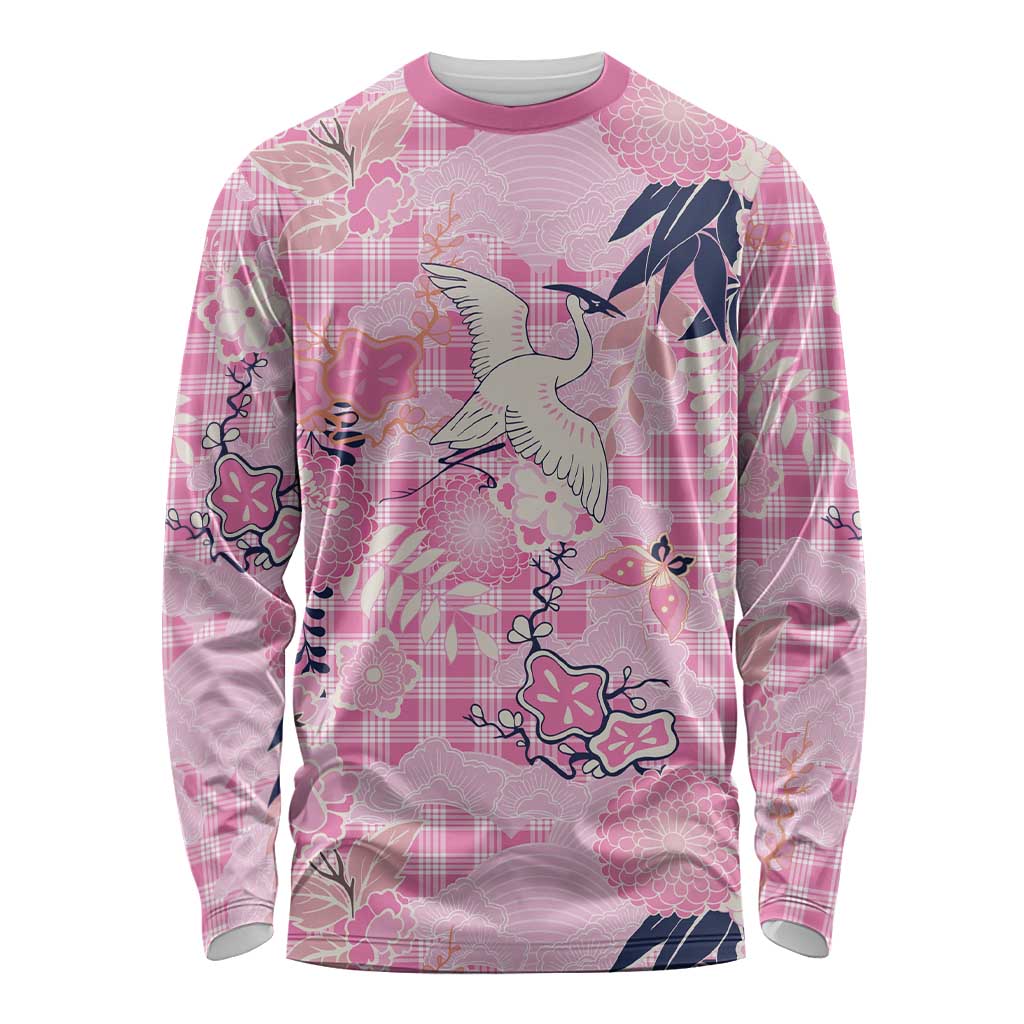 Pink Palaka Crane and Flowers Long Sleeve Shirt Japan Heritage Spirit LT9 Unisex Pink - Polynesian Pride