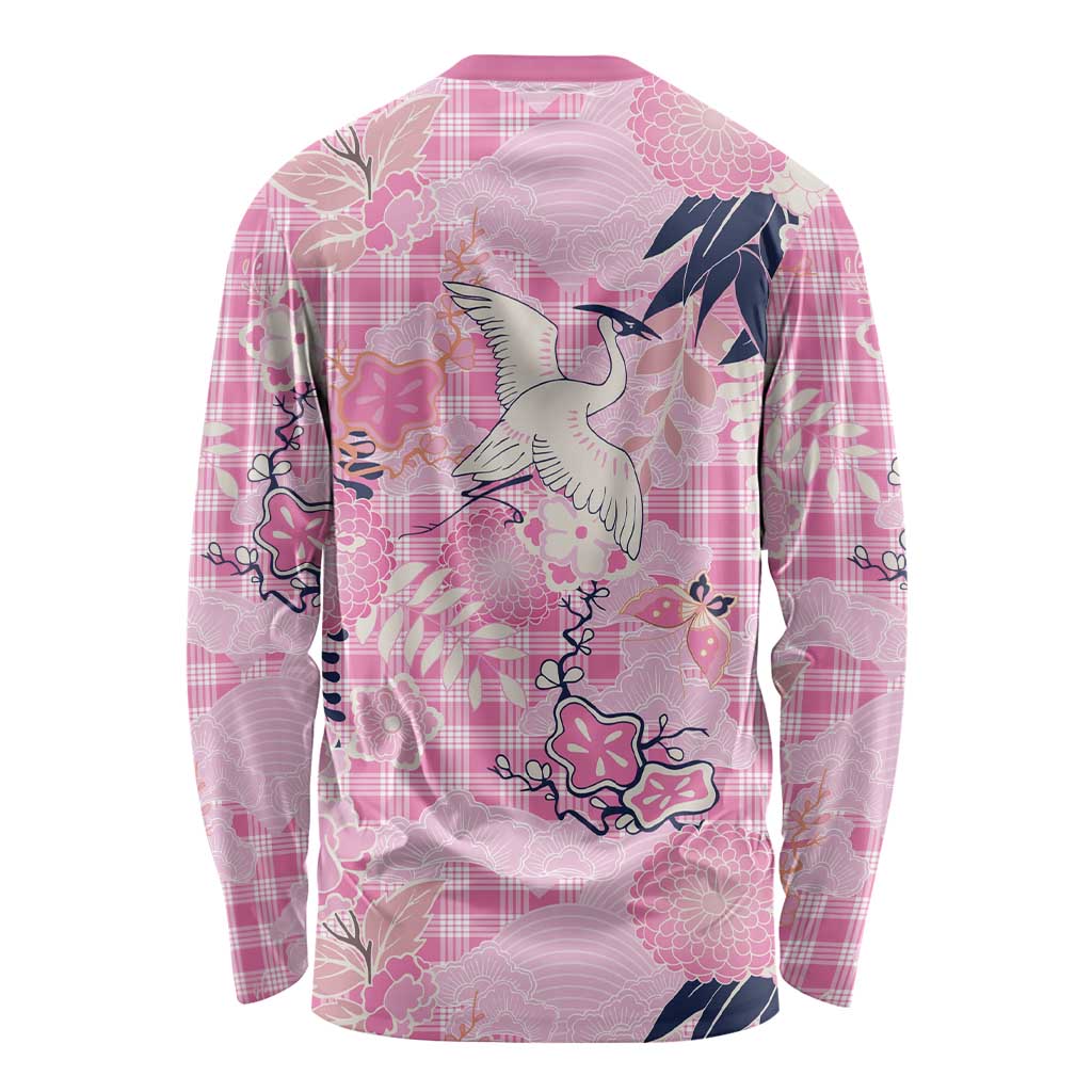Pink Palaka Crane and Flowers Long Sleeve Shirt Japan Heritage Spirit LT9 - Polynesian Pride