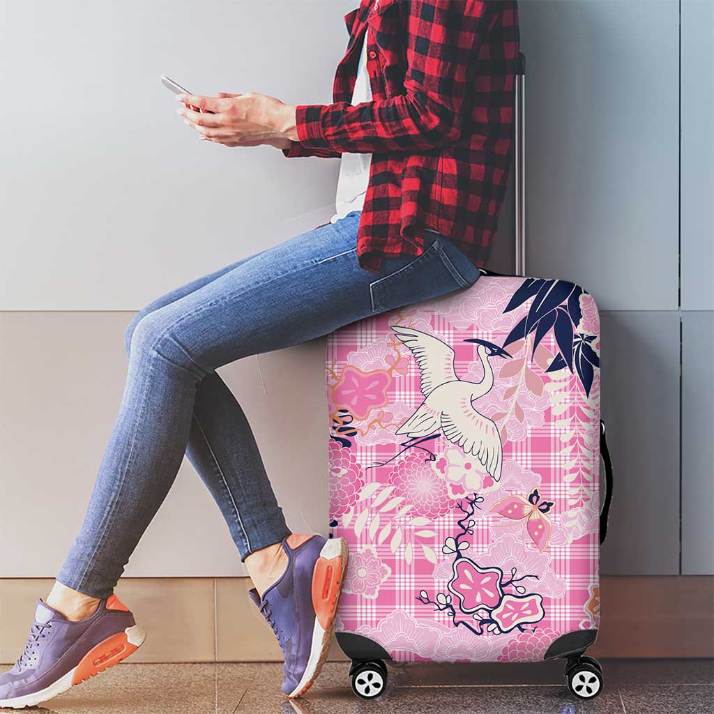Pink Palaka Crane and Flowers Luggage Cover Japan Heritage Spirit - Polynesian Pride