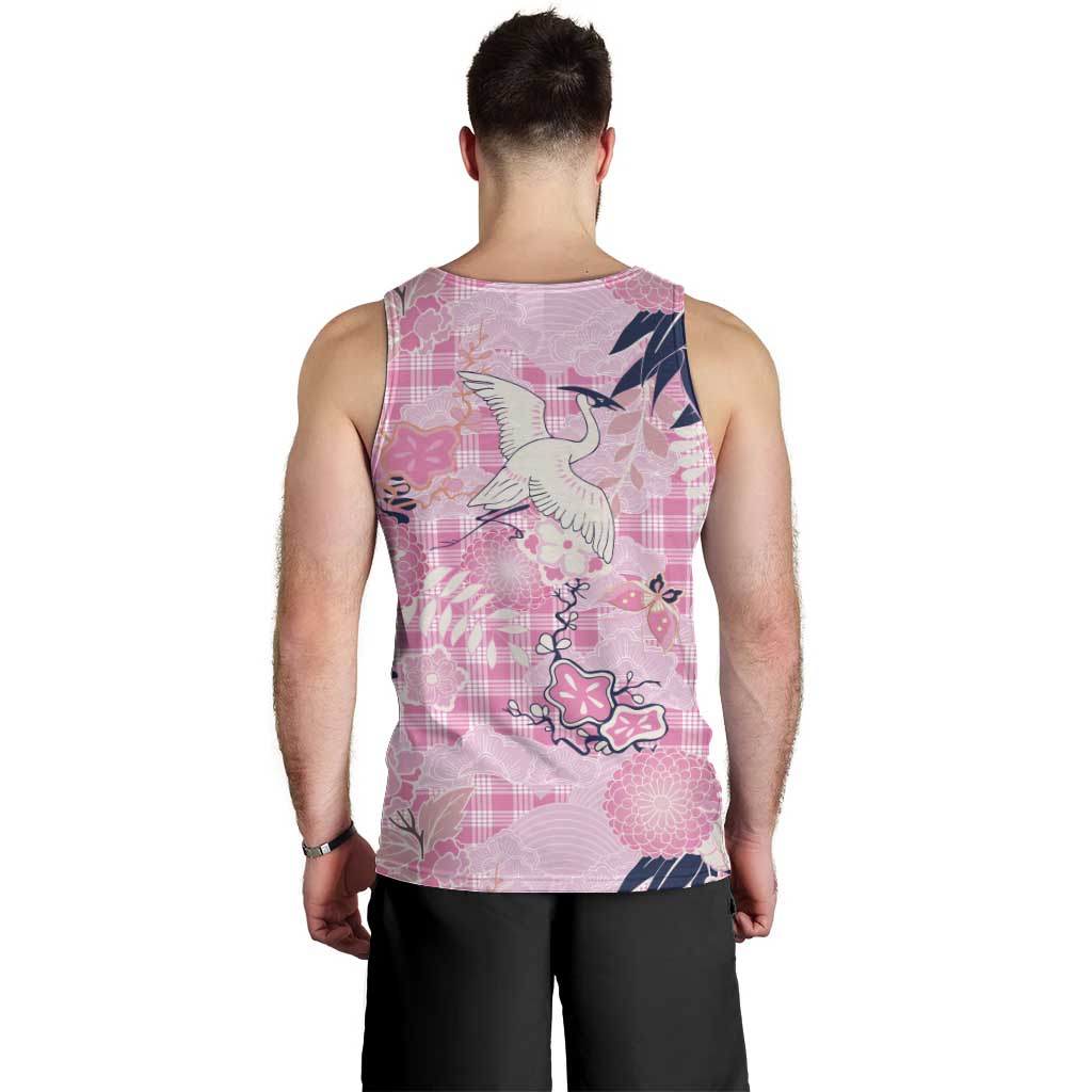 Pink Palaka Crane and Flowers Men Tank Top Japan Heritage Spirit - Polynesian Pride