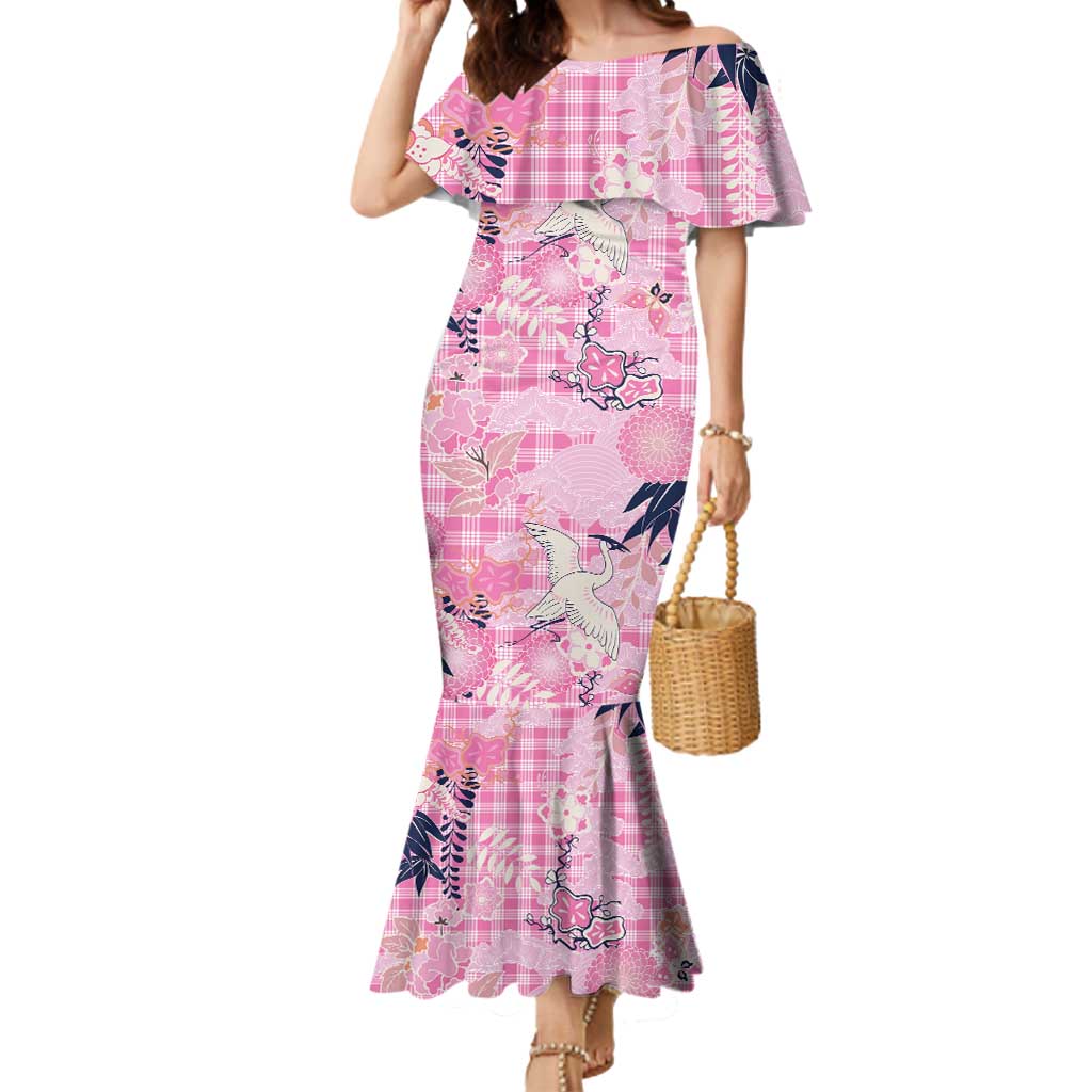 Pink Palaka Crane and Flowers Mermaid Dress Japan Heritage Spirit - Polynesian Pride