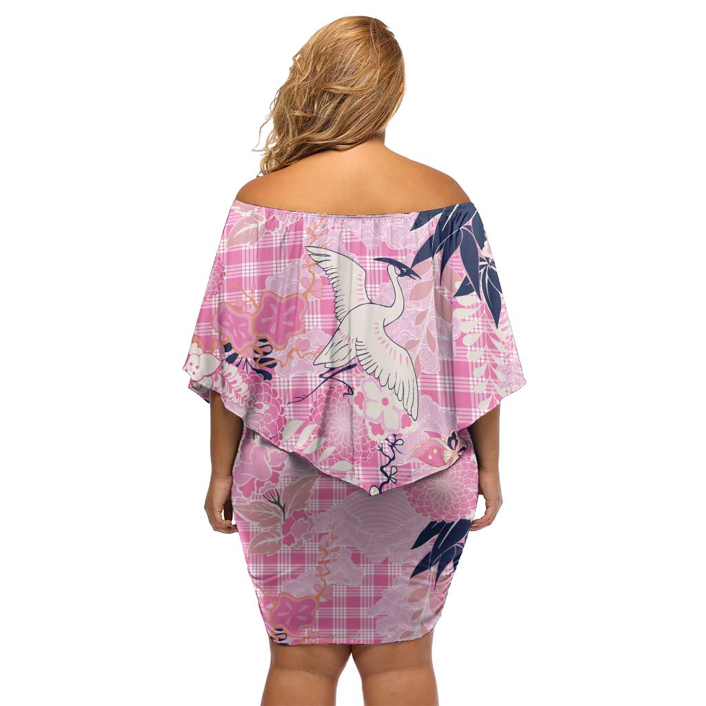 Pink Palaka Crane and Flowers Off Shoulder Short Dress Japan Heritage Spirit - Polynesian Pride