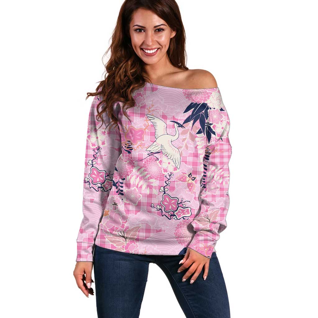 Pink Palaka Crane and Flowers Off Shoulder Sweater Japan Heritage Spirit - Polynesian Pride