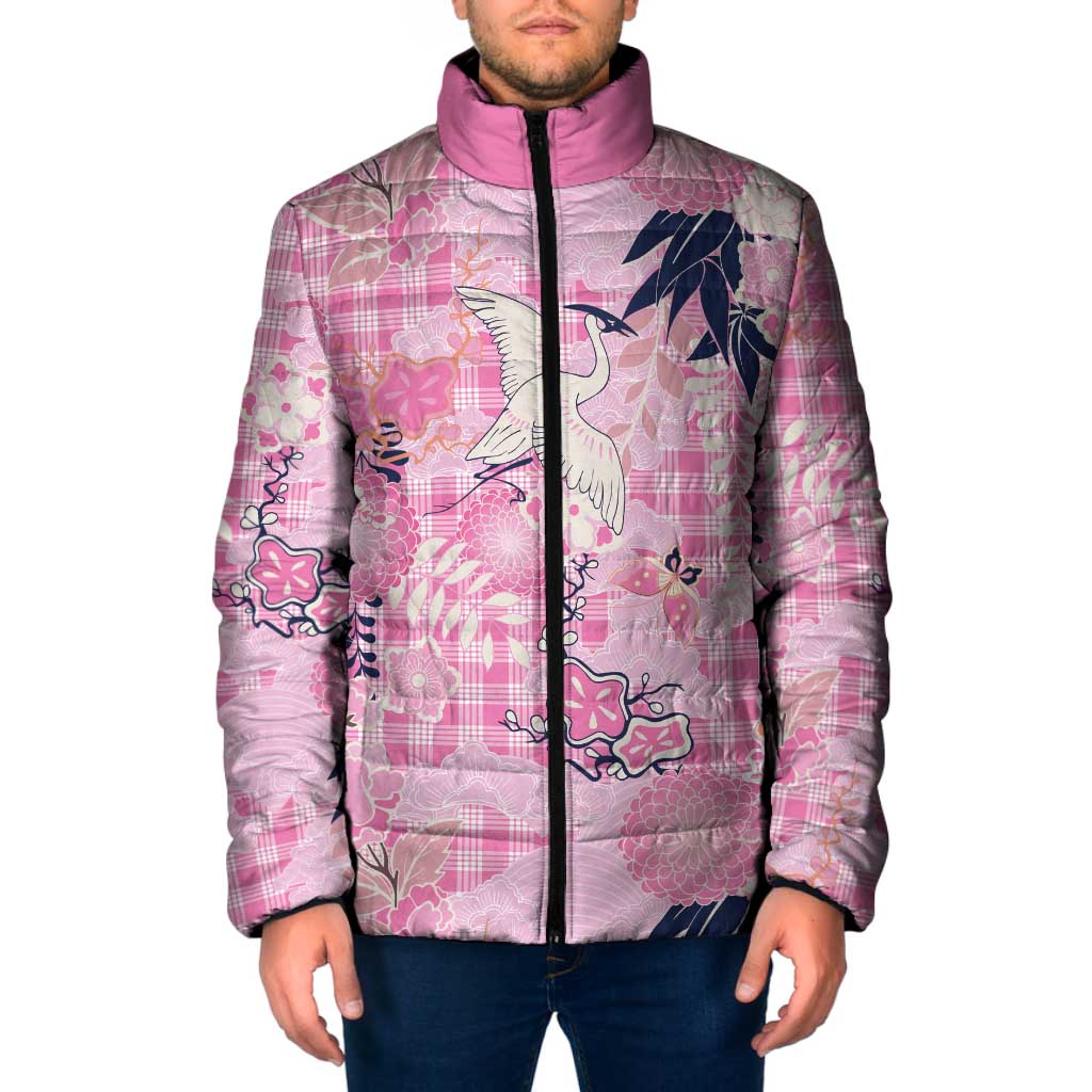 Pink Palaka Crane and Flowers Padded Jacket Japan Heritage Spirit LT9 Men Pink - Polynesian Pride