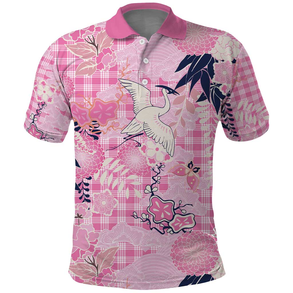 Pink Palaka Crane and Flowers Polo Shirt Japan Heritage Spirit - Polynesian Pride