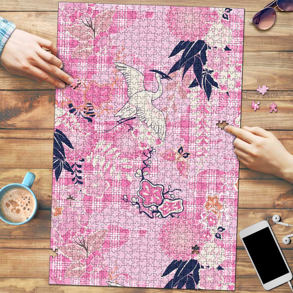 Pink Palaka Crane and Flowers Puzzle Japan Heritage Spirit LT9 Pink - Polynesian Pride