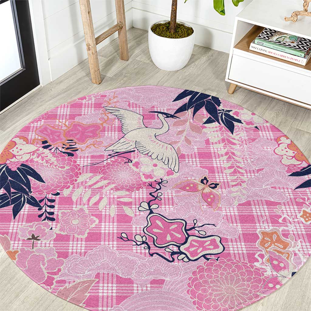 Pink Palaka Crane and Flowers Round Carpet Japan Heritage Spirit - Polynesian Pride