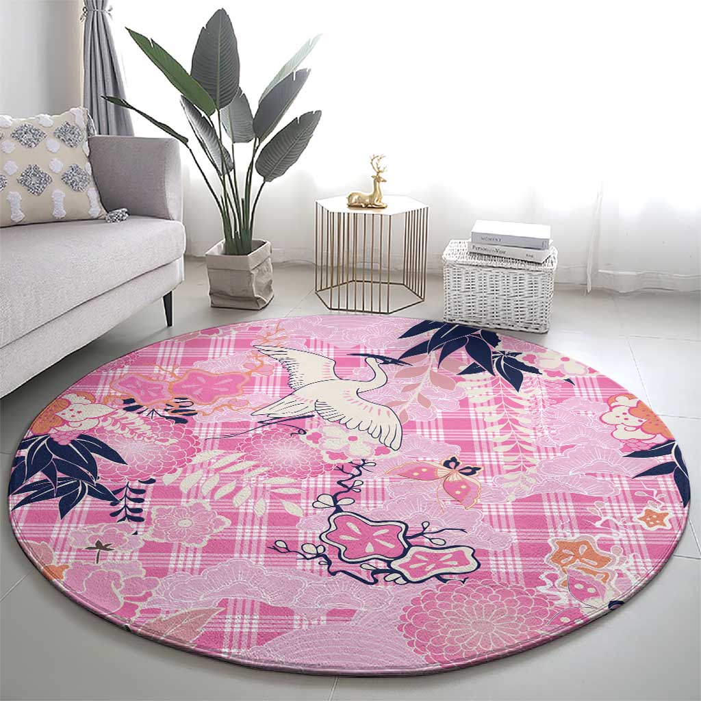 Pink Palaka Crane and Flowers Round Carpet Japan Heritage Spirit - Polynesian Pride