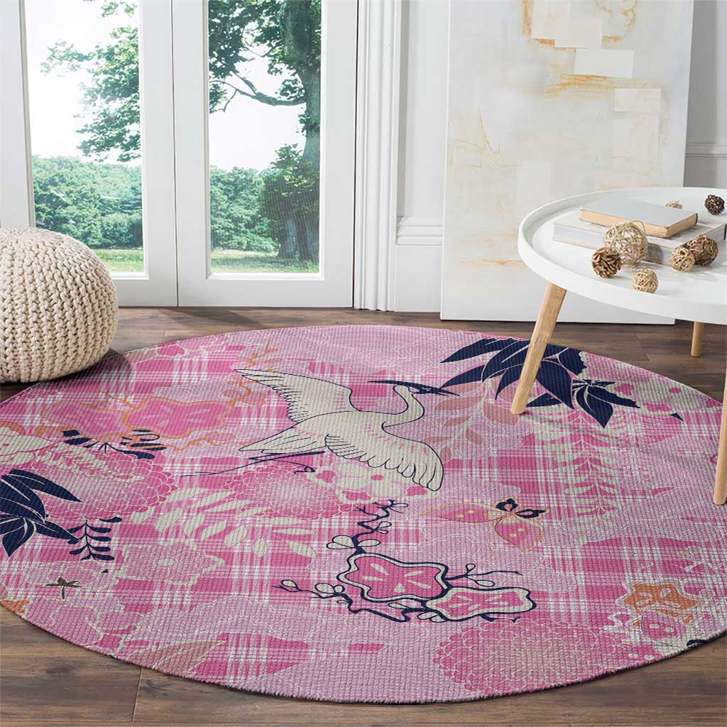 Pink Palaka Crane and Flowers Round Carpet Japan Heritage Spirit - Polynesian Pride