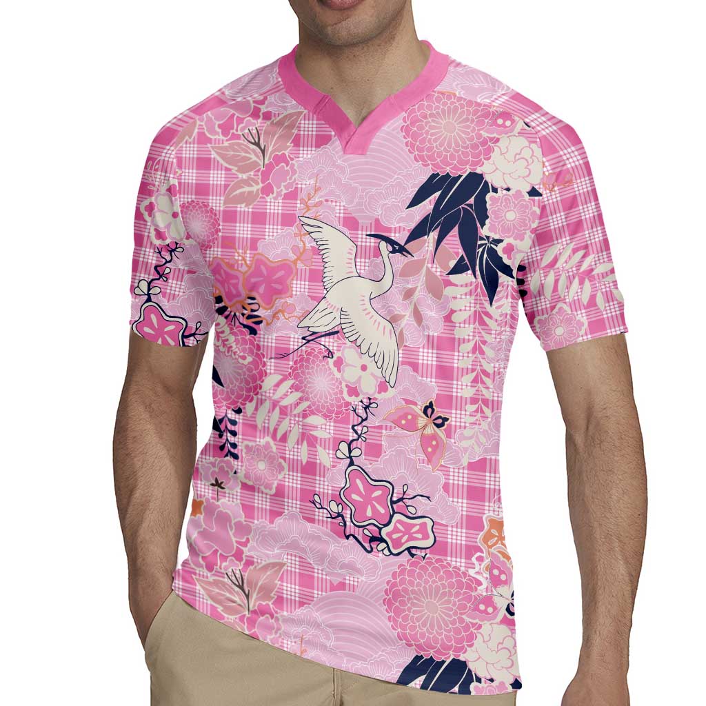 Pink Palaka Crane and Flowers Rugby Jersey Japan Heritage Spirit - Polynesian Pride