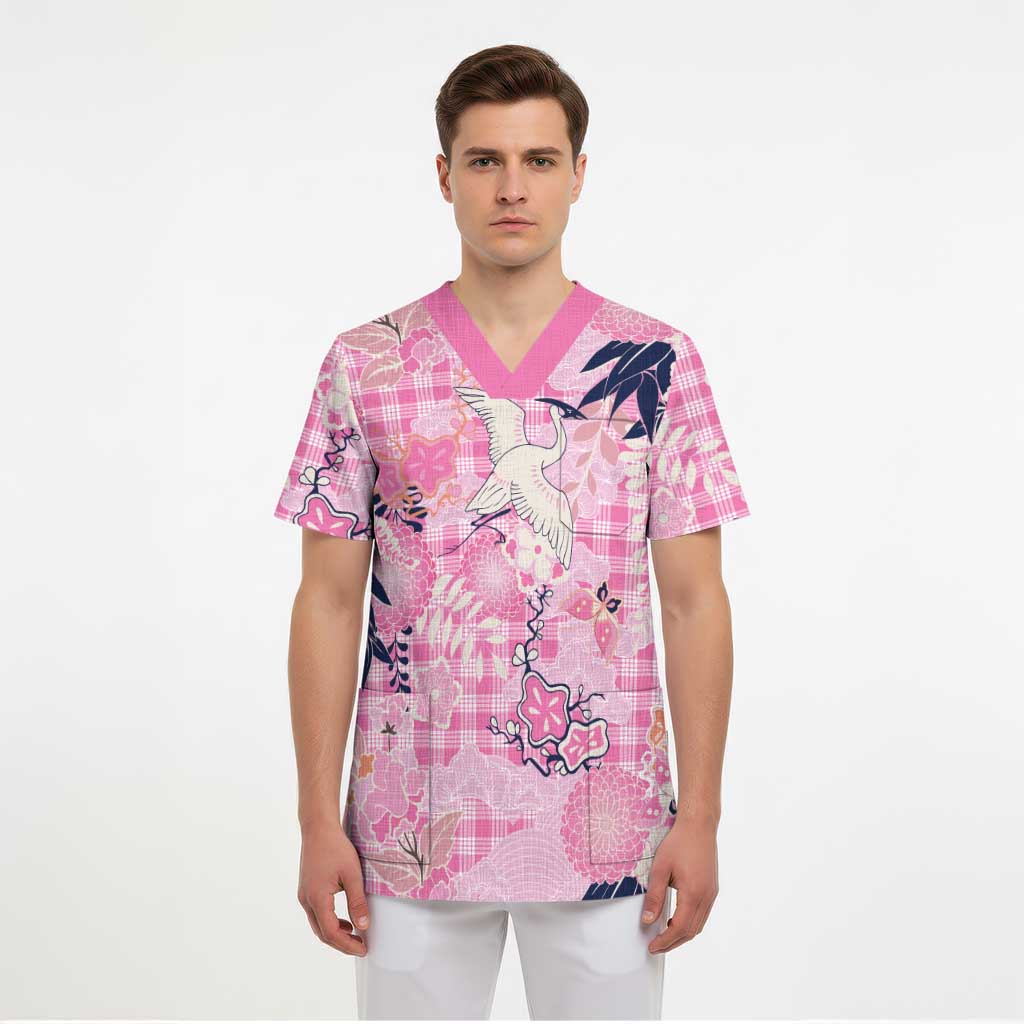 Pink Palaka Crane and Flowers Scrub Top Japan Heritage Spirit - Polynesian Pride