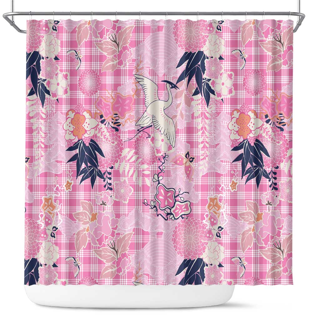 Pink Palaka Crane and Flowers Shower Curtain Japan Heritage Spirit - Polynesian Pride