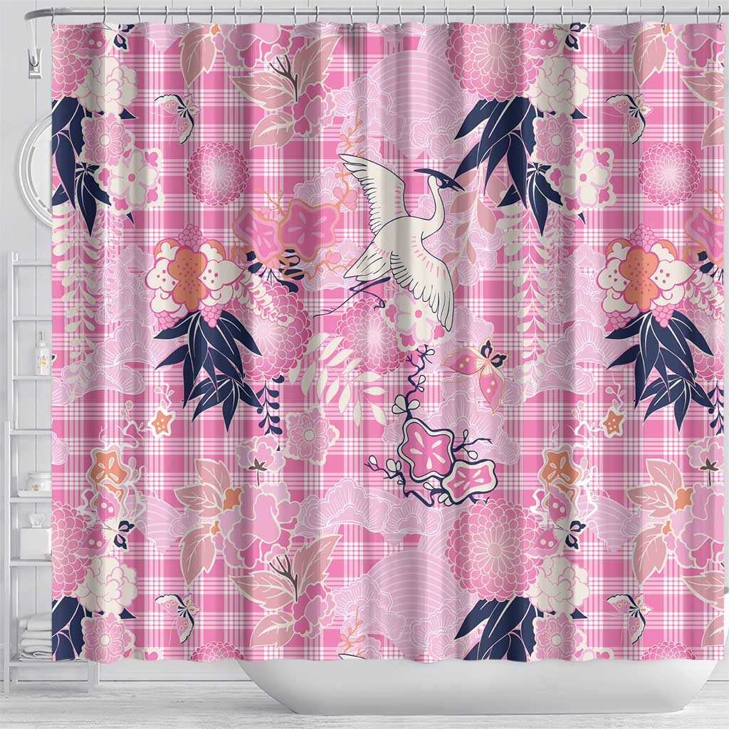 Pink Palaka Crane and Flowers Shower Curtain Japan Heritage Spirit - Polynesian Pride