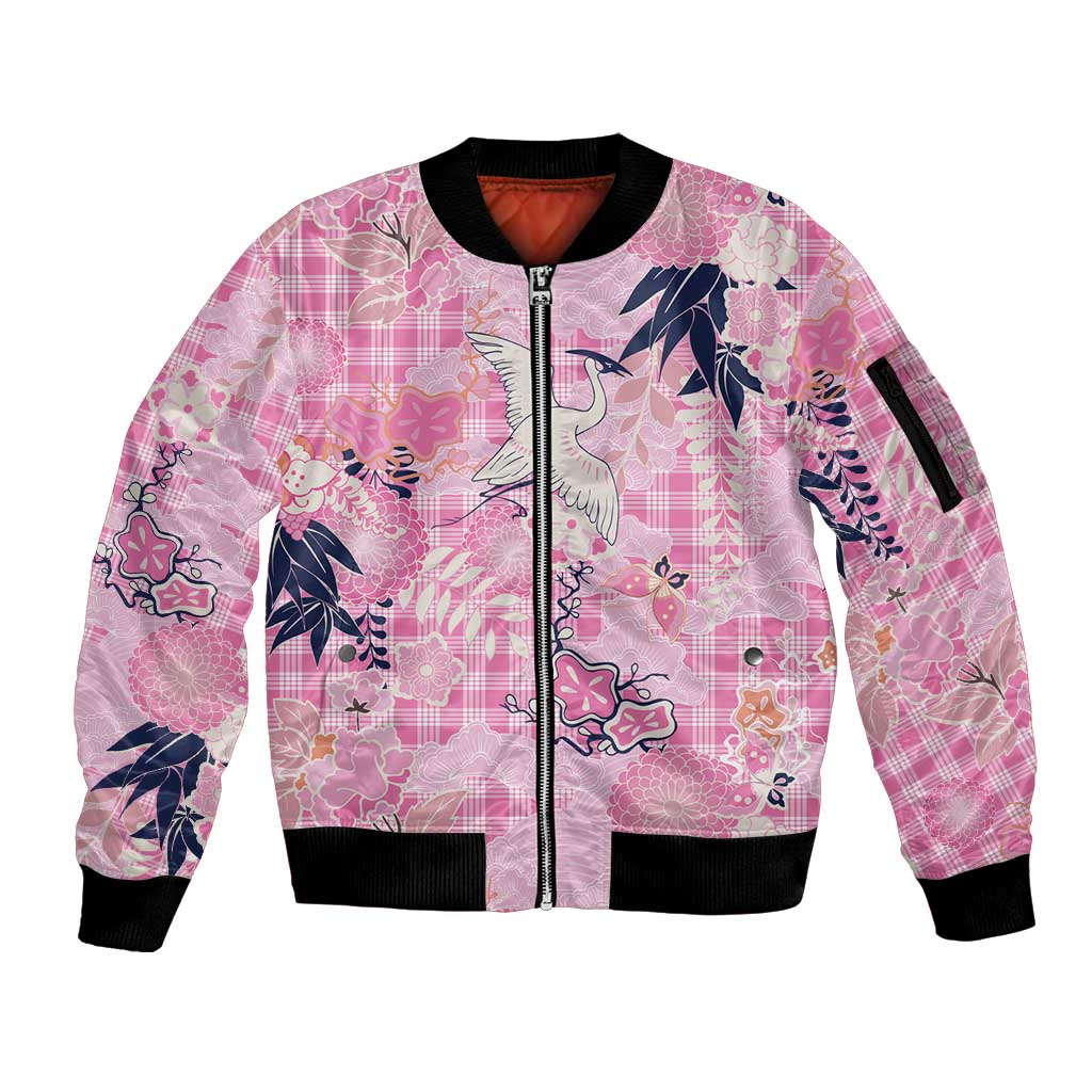 Pink Palaka Crane and Flowers Sleeve Zip Bomber Jacket Japan Heritage Spirit - Polynesian Pride
