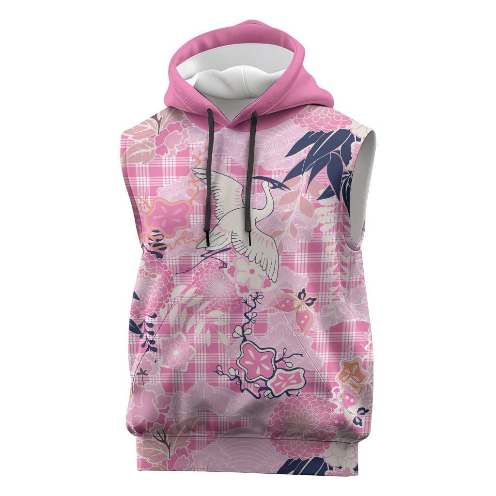 Pink Palaka Crane and Flowers Sleeveless Hoodie Japan Heritage Spirit LT9 Pink - Polynesian Pride