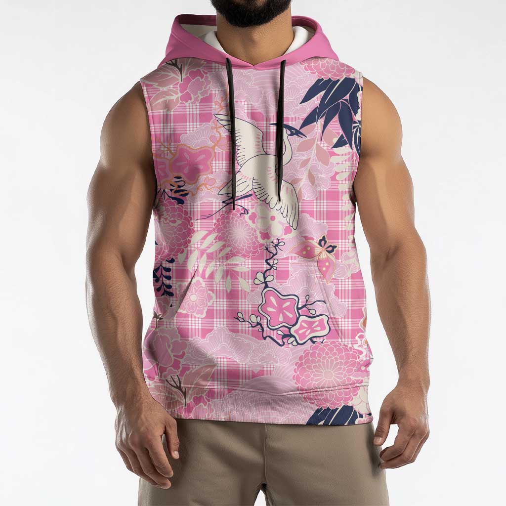 Pink Palaka Crane and Flowers Sleeveless Hoodie Japan Heritage Spirit LT9 - Polynesian Pride