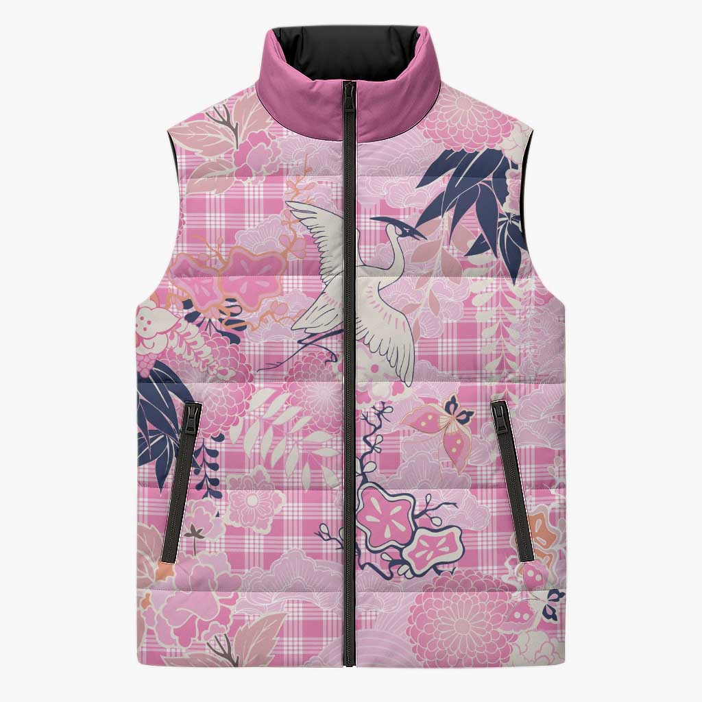 Pink Palaka Crane and Flowers Sleeveless Puffer Jacket Japan Heritage Spirit LT9 Unisex Pink - Polynesian Pride