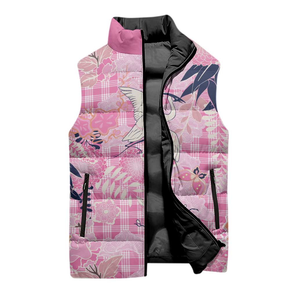 Pink Palaka Crane and Flowers Sleeveless Puffer Jacket Japan Heritage Spirit LT9 - Polynesian Pride