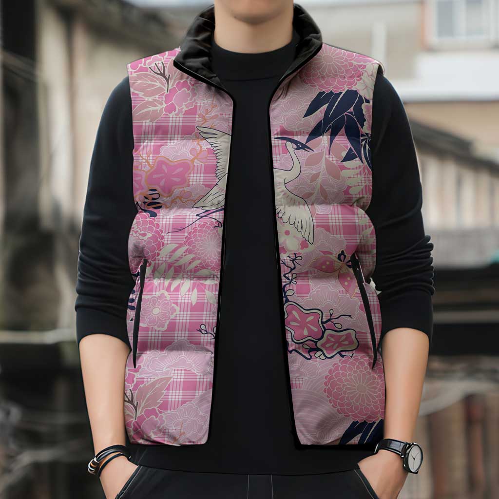 Pink Palaka Crane and Flowers Sleeveless Puffer Jacket Japan Heritage Spirit LT9 - Polynesian Pride