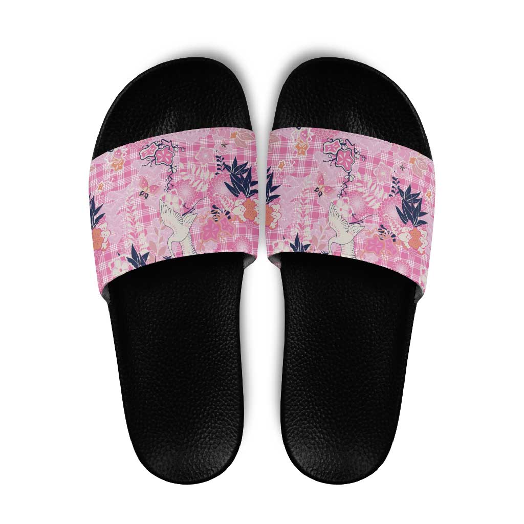 Pink Palaka Crane and Flowers Slide Sandals Japan Heritage Spirit - Polynesian Pride