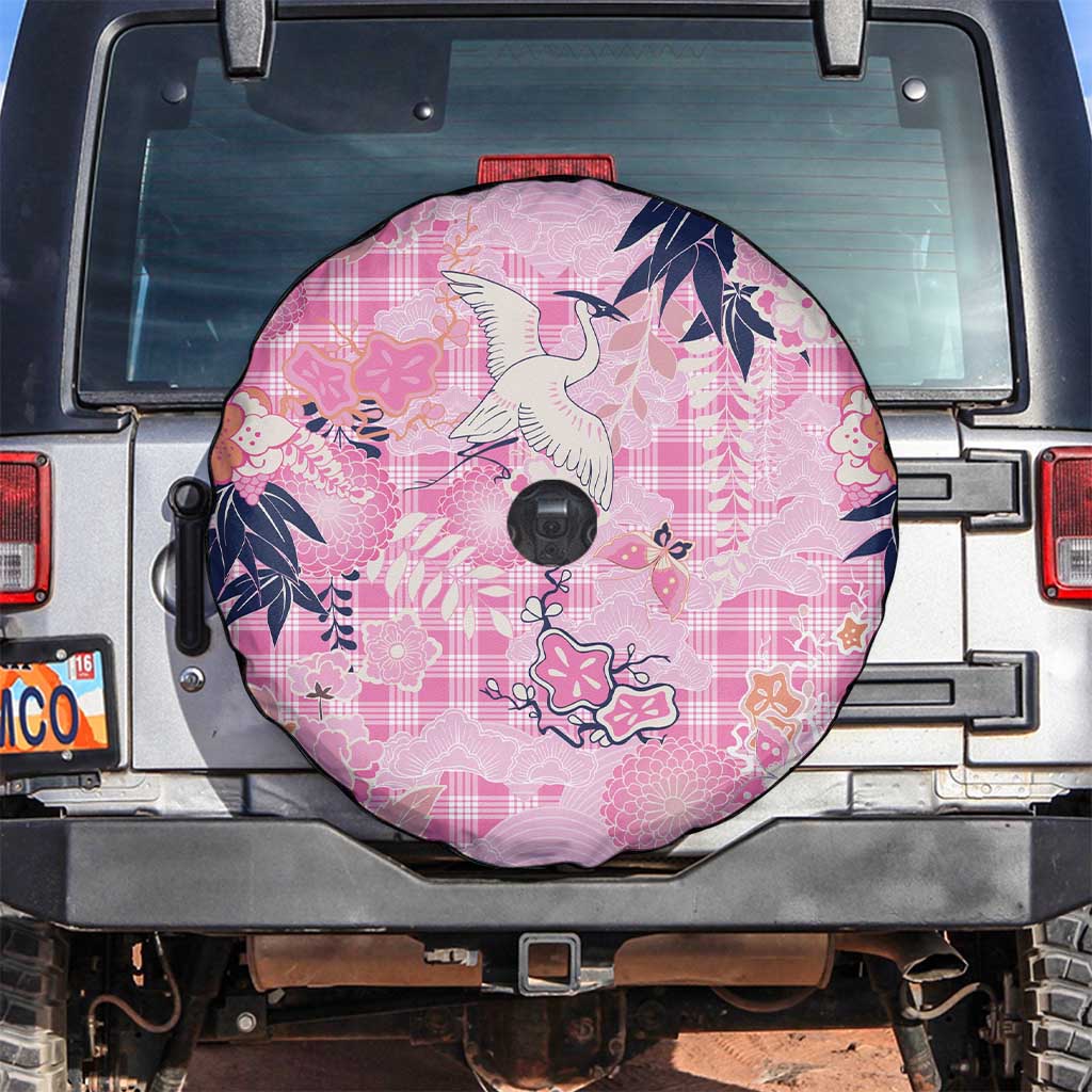 Pink Palaka Crane and Flowers Spare Tire Cover Japan Heritage Spirit - Polynesian Pride