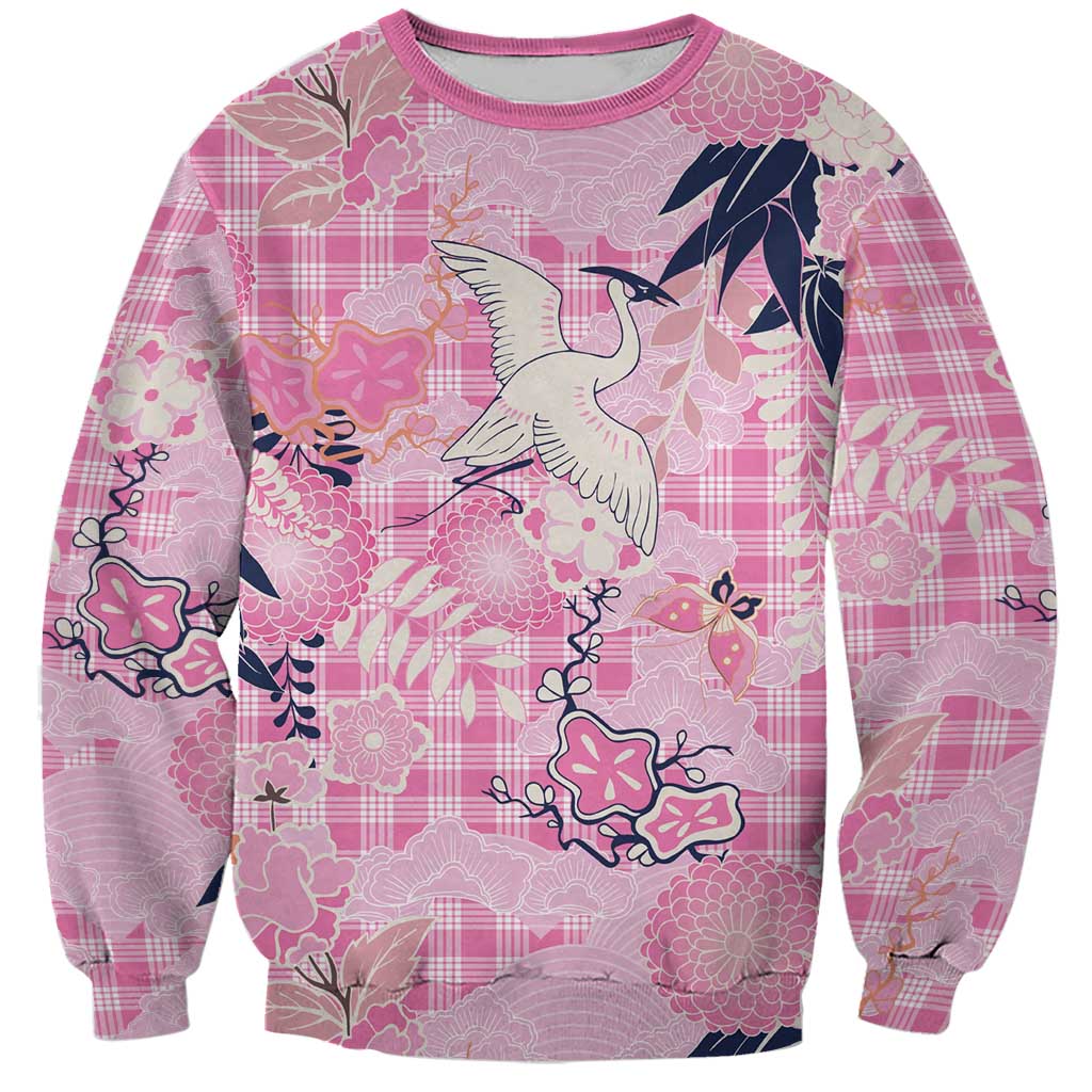 Pink Palaka Crane and Flowers Sweatshirt Japan Heritage Spirit LT9 Unisex Pink - Polynesian Pride