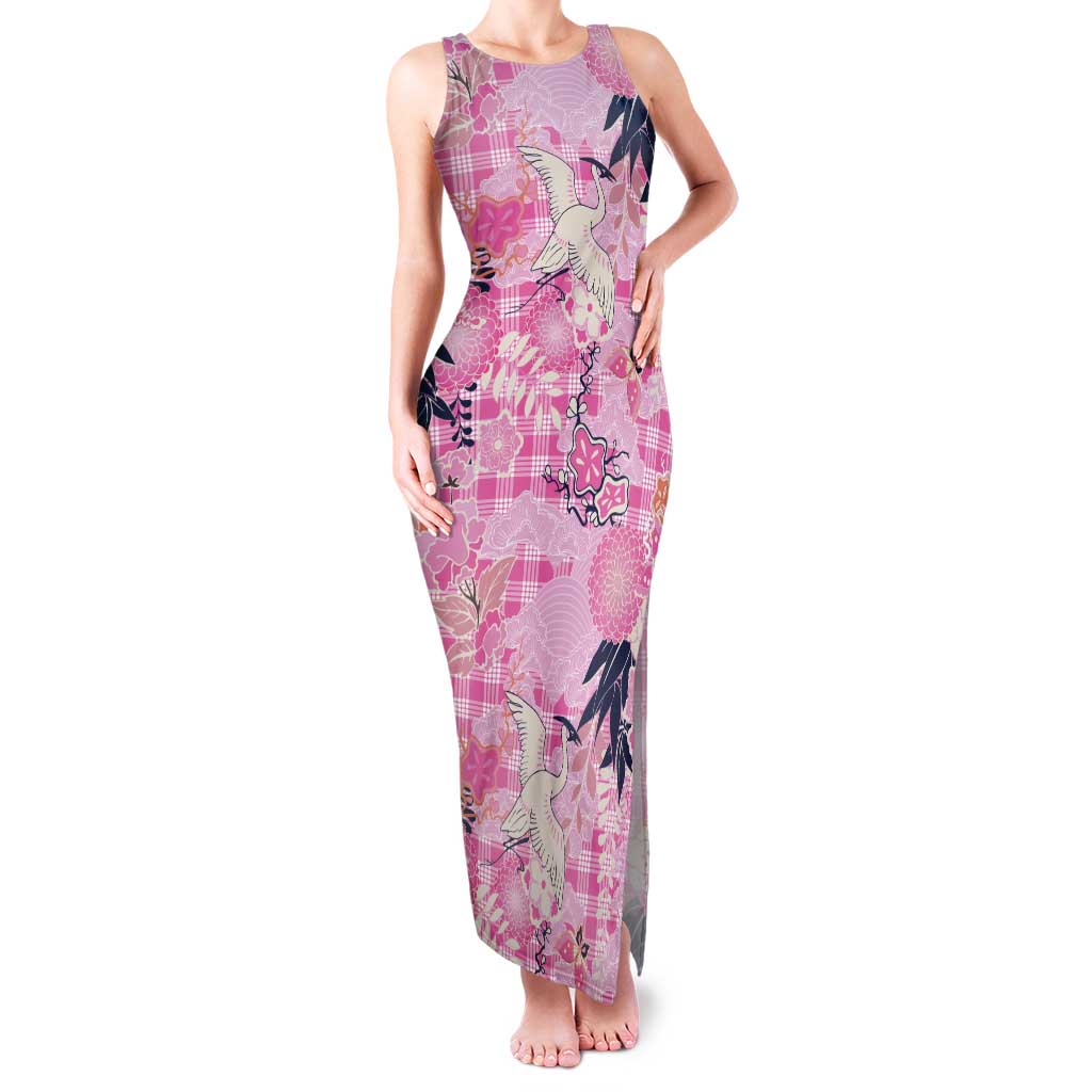 Pink Palaka Crane and Flowers Tank Maxi Dress Japan Heritage Spirit - Polynesian Pride
