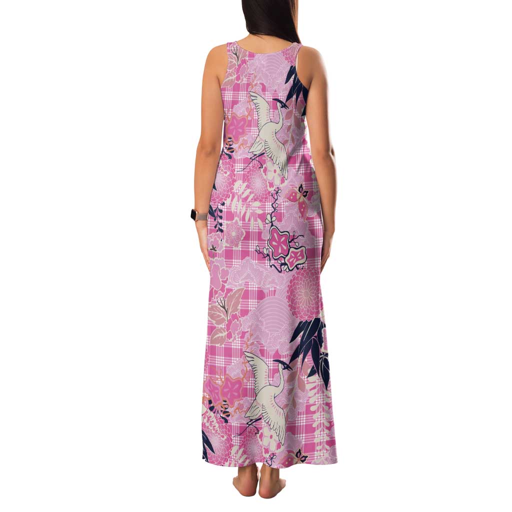 Pink Palaka Crane and Flowers Tank Maxi Dress Japan Heritage Spirit - Polynesian Pride