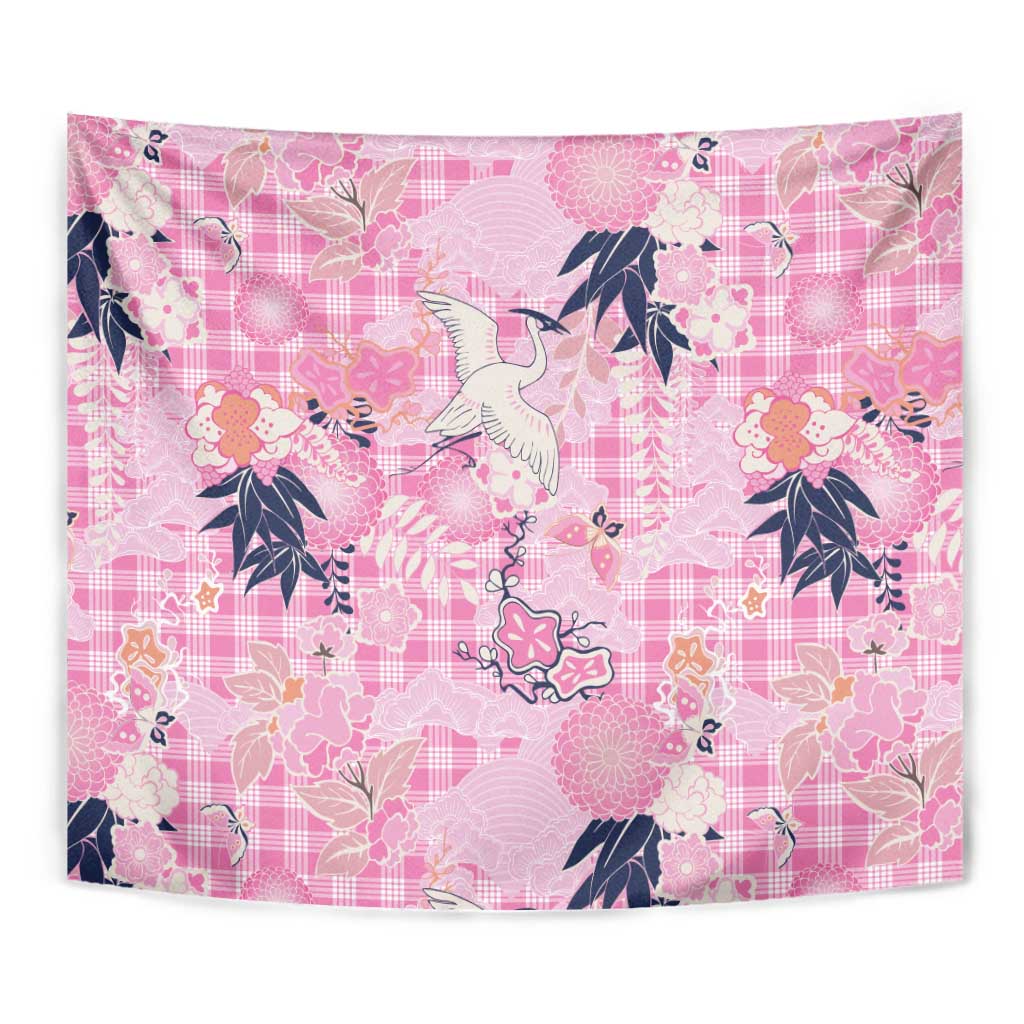 Pink Palaka Crane and Flowers Tapestry Japan Heritage Spirit - Polynesian Pride