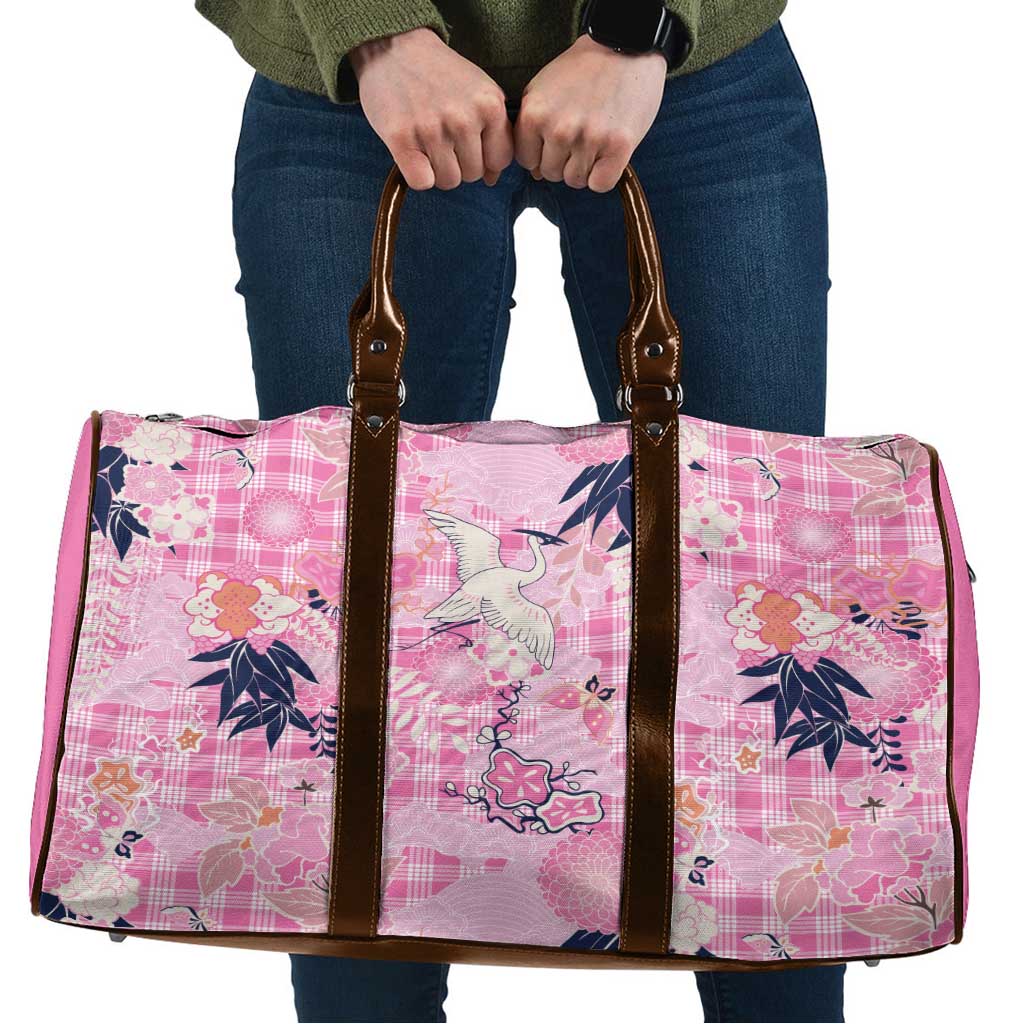 Pink Palaka Crane and Flowers Travel Bag Japan Heritage Spirit - Polynesian Pride