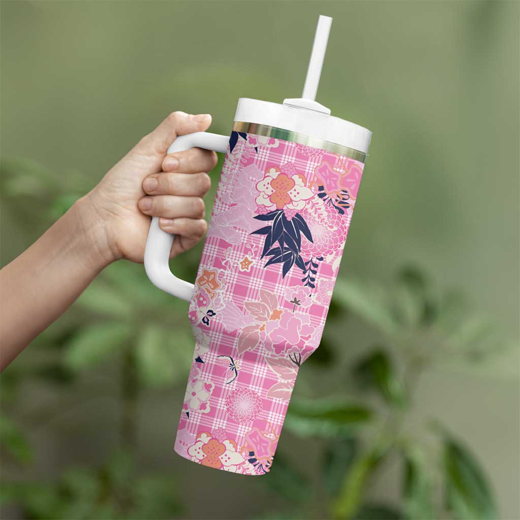 Pink Palaka Crane and Flowers Tumbler With Handle Japan Heritage Spirit - Polynesian Pride
