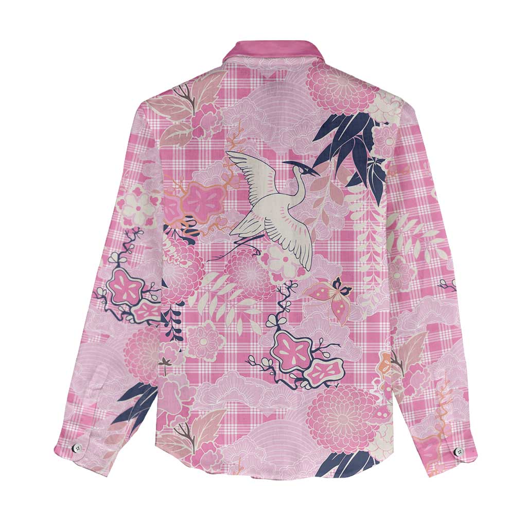 Pink Palaka Crane and Flowers Women Casual Shirt Japan Heritage Spirit - Polynesian Pride